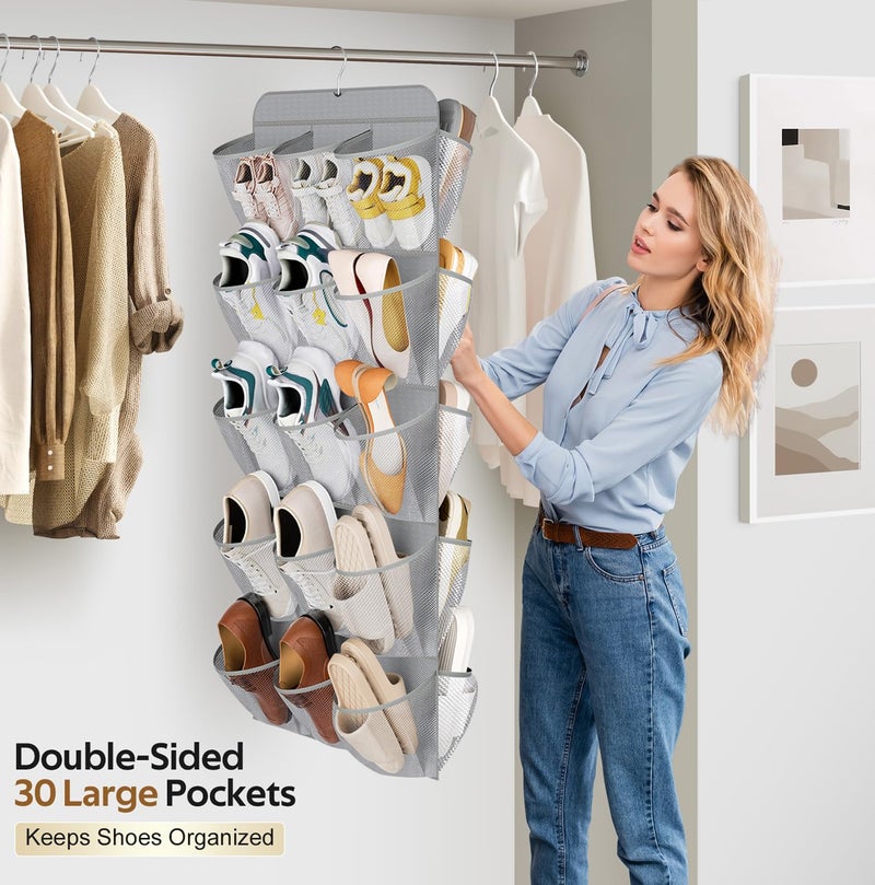 MISSLO 30 Large Pockets Dual Sided Hanging Shoe Organizer for Closet with Rotating Hanger Hanging Shoe Shelves, Grey - Image 1